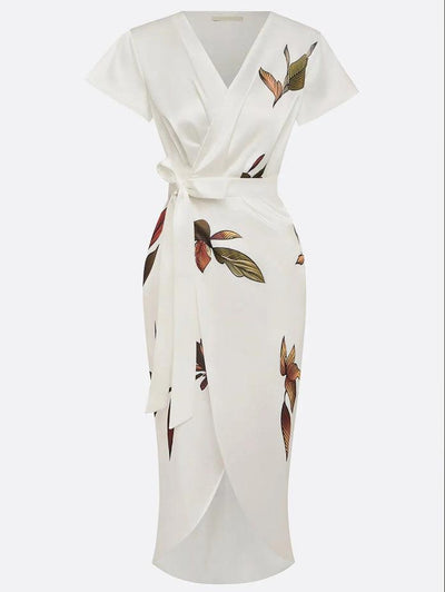 Florence bodycon dress in satin with short sleeves and white leaf pattern
