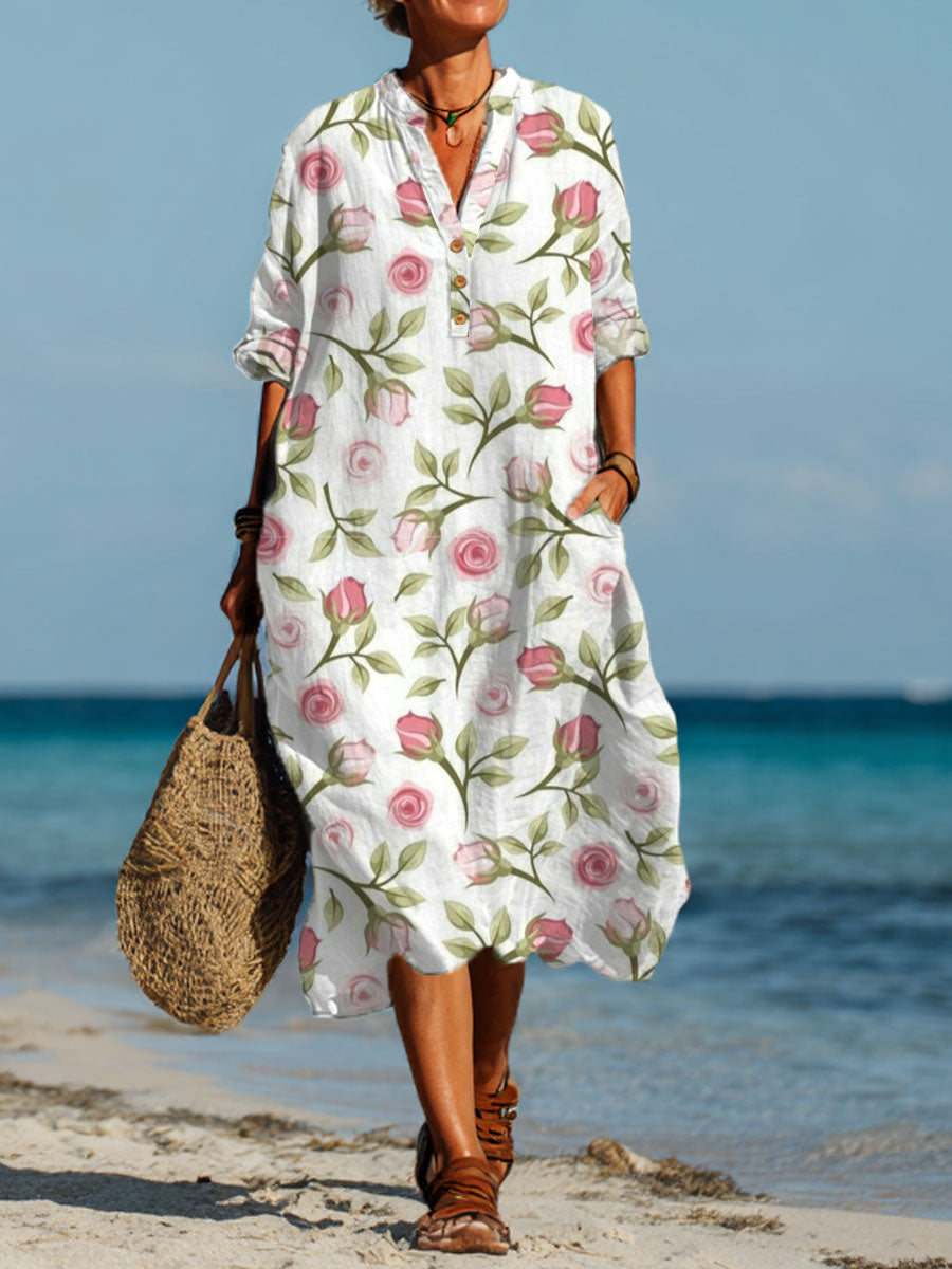 Denise | Women's Vintage Flower Art Printed Pocket Shirt Dress