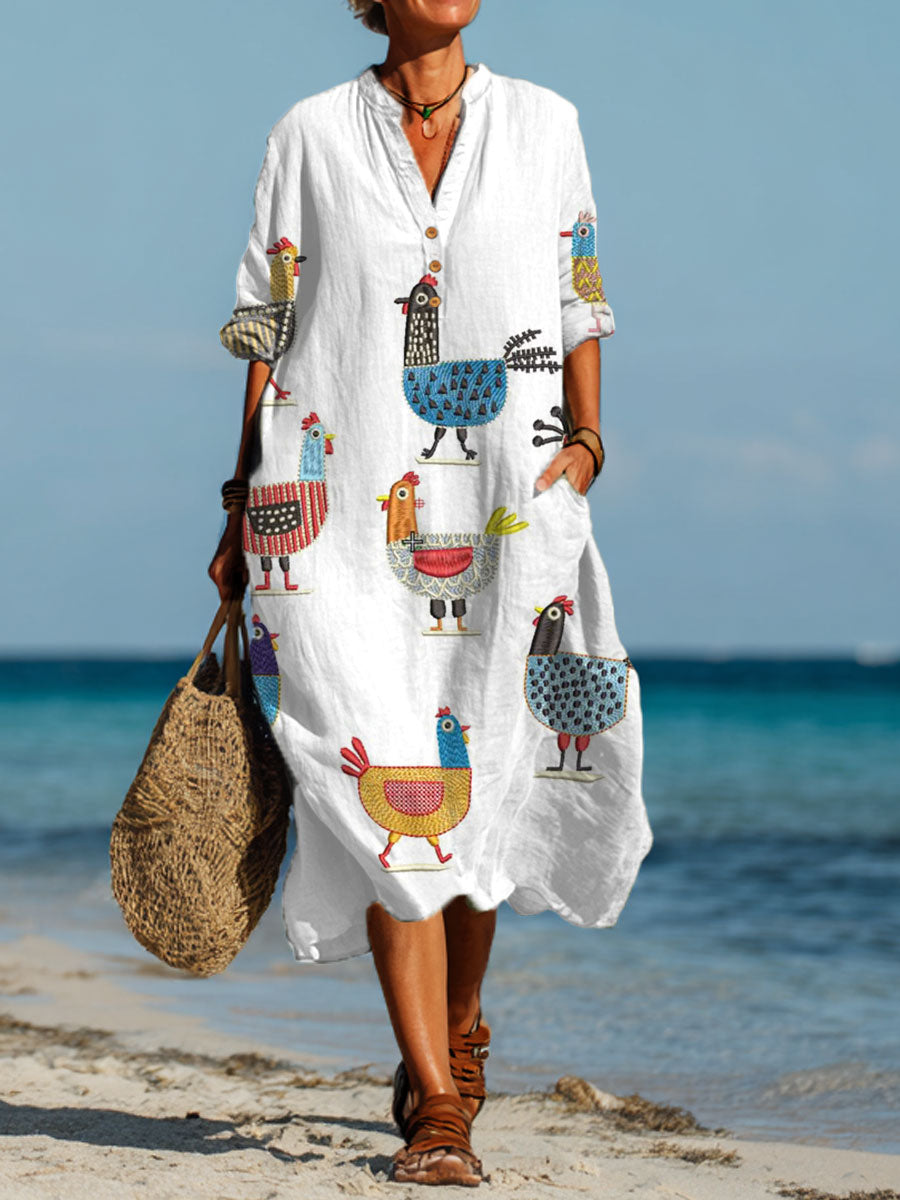 Kelsey | Women's Funny Chicken Art Printed Pocket Shirt Dress
