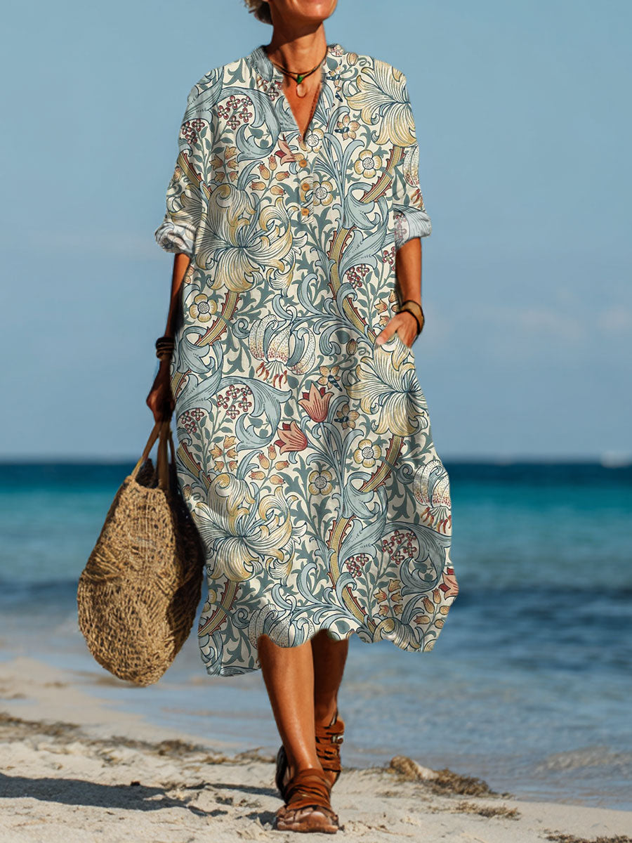 Beatriz | Women's Vintage Flower Art Printed Pocket Shirt Dress