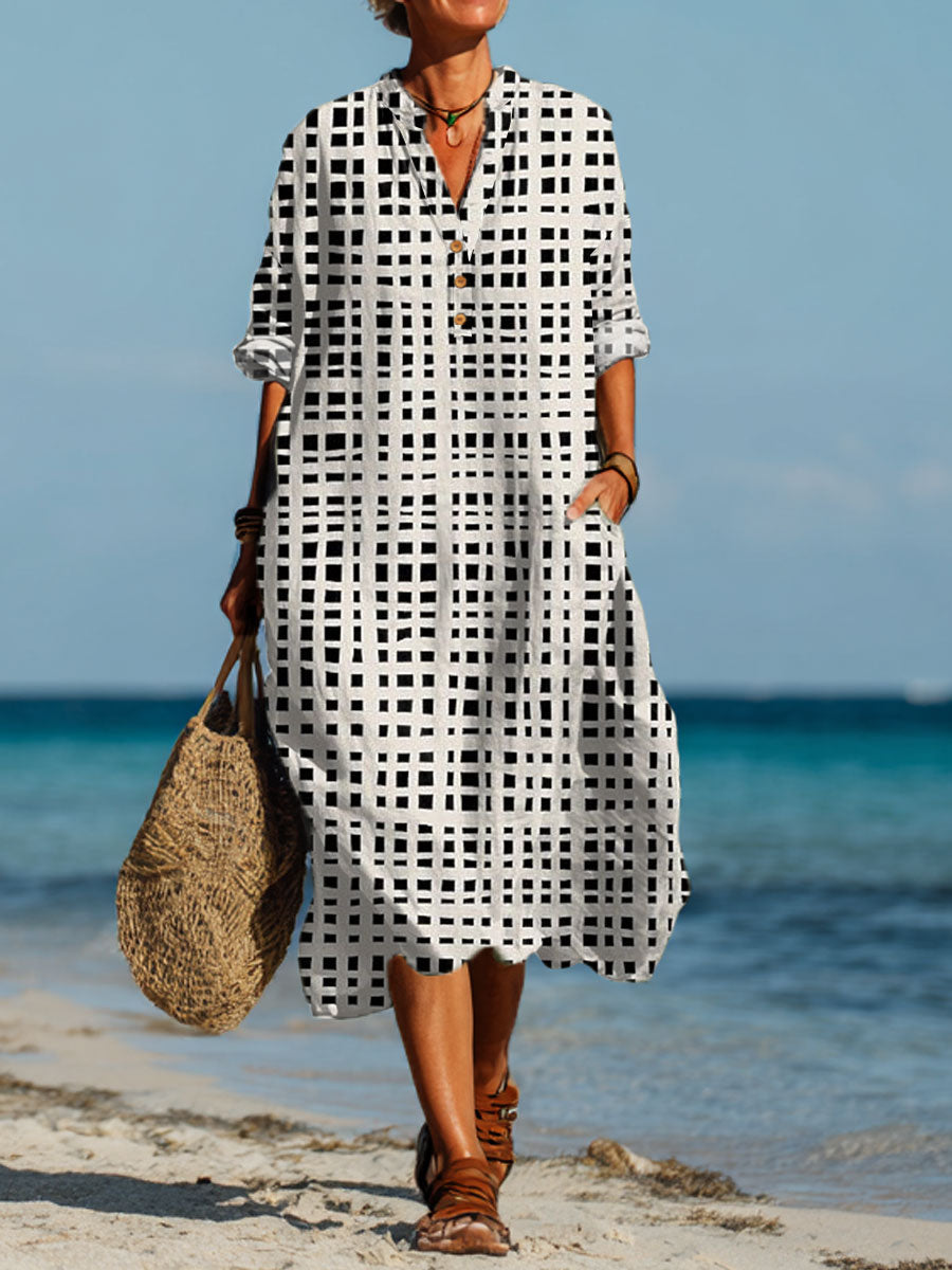 Octavia | Women's Vintage Abstract Geometric Art Printed Pocket Shirt Dress