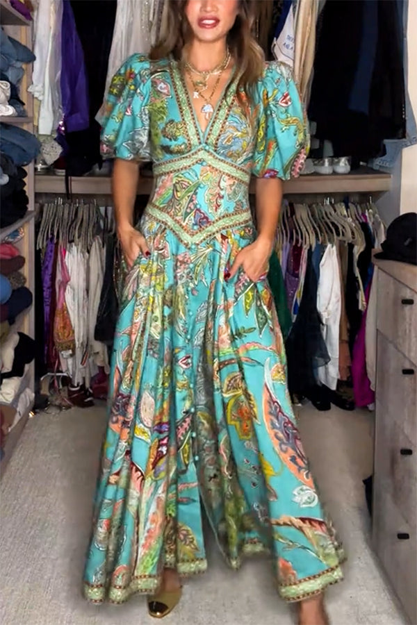 Elizabeth | Airy Long Dress with Puff Sleeves and V-Neck