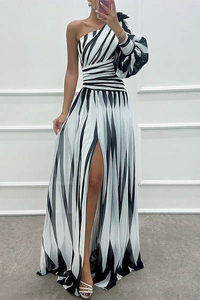Eden - Elegant Long Striped Dress with One Shoulder