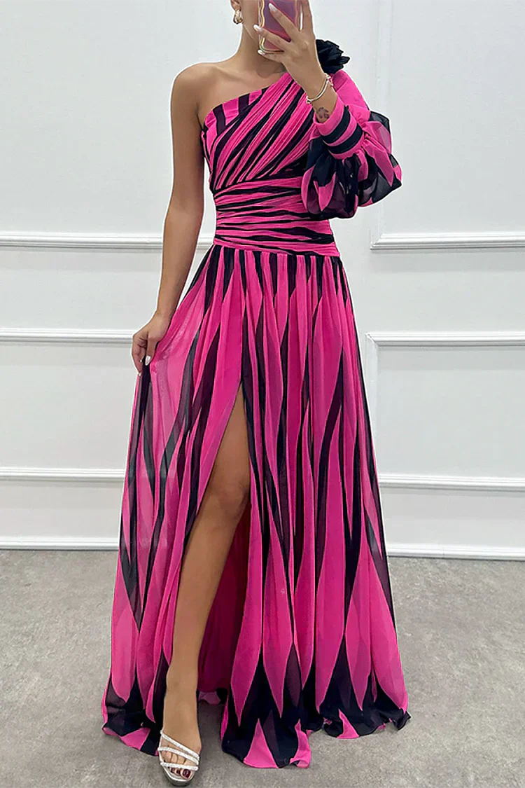 Eden - Elegant Long Striped Dress with One Shoulder