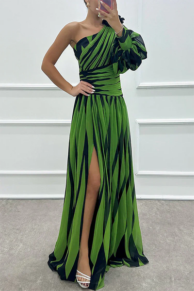 Eden - Elegant Long Striped Dress with One Shoulder