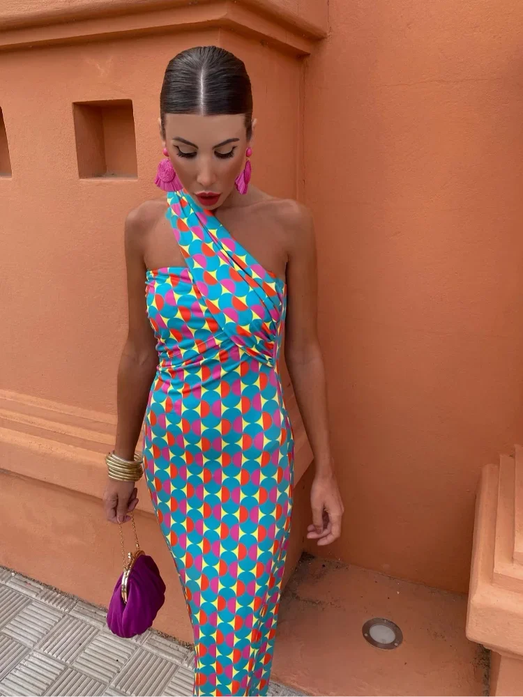 Irmgardi - Midi Dress with Asymmetric Shoulders