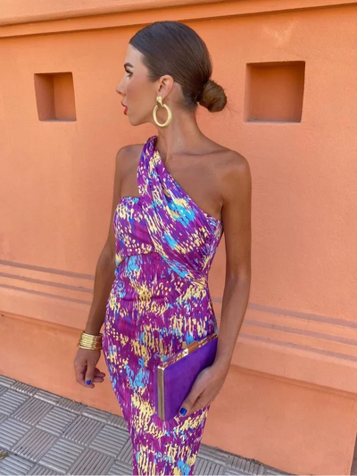 Irmgardi - Midi Dress with Asymmetric Shoulders