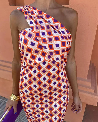 Irmgardi - Midi Dress with Asymmetric Shoulders