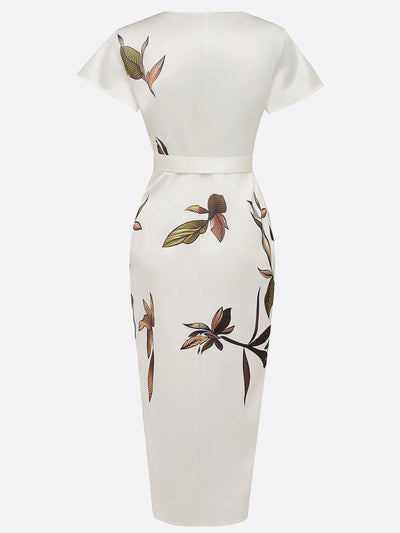 Florence bodycon dress in satin with short sleeves and white leaf pattern