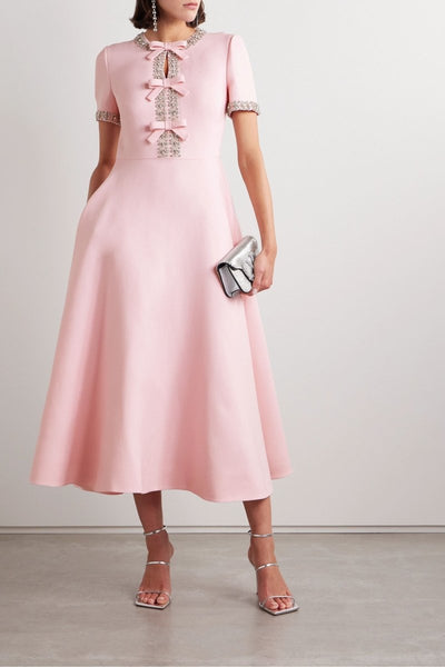 Julia Bowknot Pink Midi Dress Embellished with Crystals